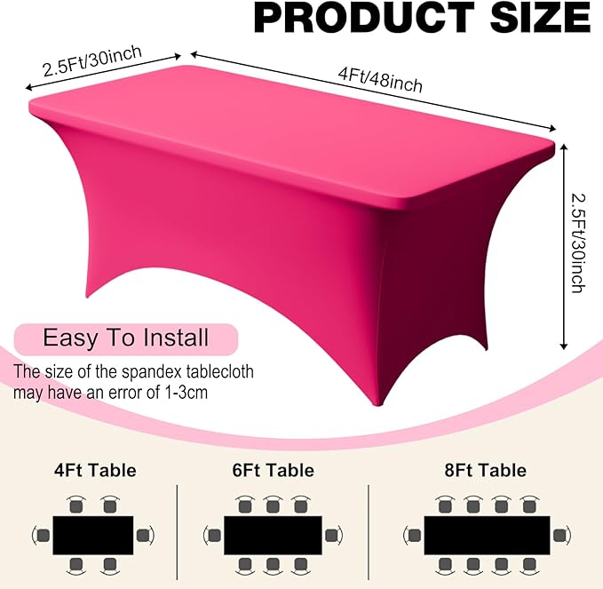 Trlyc 1 Pack 4FT Spandex Table Cloth - 48 x 30 Inch Rectangular Stretch Tablecloth, Wrinkle Resistant Scretch Table Cover for Wedding, Party, Banquet, Picnic, Outdoor Decoration (1Pcs,Fuchsia)