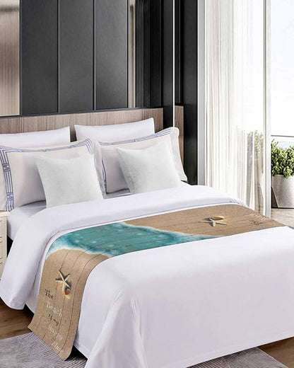 Coastal Ocean Starfish and Shell Sand Bed Runners for Bedroom Hotel,Decorative Bedding Scarf The Beach is My Happy Place Bed End Blanket Bedding Runner Scarves for Queen Size Bed,94x20in