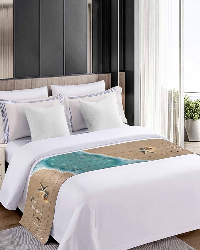 Coastal Ocean Starfish and Shell Sand Bed Runners for Bedroom Hotel,Decorative Bedding Scarf The Beach is My Happy Place Bed End Blanket Bedding Runner Scarves for Full Size Bed,83x20in