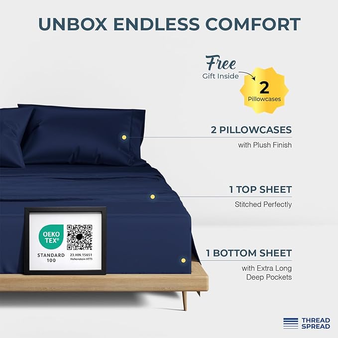 THREAD SPREAD 100% Egyptian Cotton California King Size Sheets - 1500 Thread Count, Cooling Sateen, Navy Blue