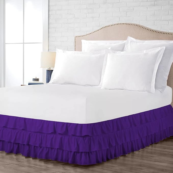 Multi-Ruffle Bed Skirt, Soft Multi Ruffle Bed Skirt Elastic Dust Ruffles with Wrap Around Bed Skirt Easy Fit with 18 Inch Drop 100% Cotton 800 Thread Count Bed Skirt (Twin XXL, Purple)