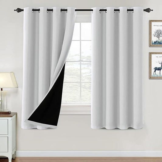 H.VERSAILTEX 100% Blackout Curtains for Bedroom Thermal Insulated Blackout Curtains 63 inch Length Heat and Full Light Blocking Curtains for Living Room with Black Liner 2 Panels Set, Greyish White