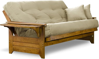 Nirvana Futons Brentwood Tray Arm Futon Sofabed Set - Queen Frame, 8" Thick Ivory Mattress, Rich Heritage Finish