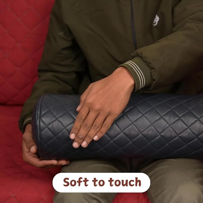 Neck Roll Pillow Cushion Cover, 16x7 Inch Full Moon Round Bolster Pillow Case, Cylinder Soft Lambskin Leather Pillowcase for Head, Spine & Neck Support During Sleep - Quilted Gun Metal Blue Pack of 1