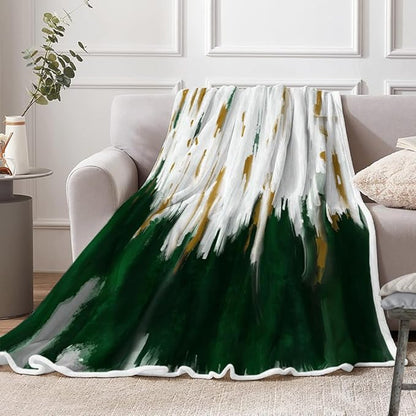 Abstract Ombre Throw Blankets, Modren Chic Art Oil Painting Cozy Warm Bed Couch Blanket, Dark Green Gold White Fleece Flannel Throws to Decorate The Room and Bedroom