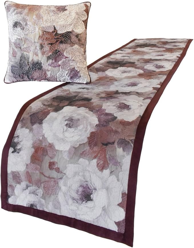The HomeCentric King/Queen/Twin Purple Decorative Twin 53"x18" Bed Runner with One Pillow Cover, Floral, Roses, Bead Embroidery & Handmade Bed Scarf on Jacquard Fabric - Wood Rose