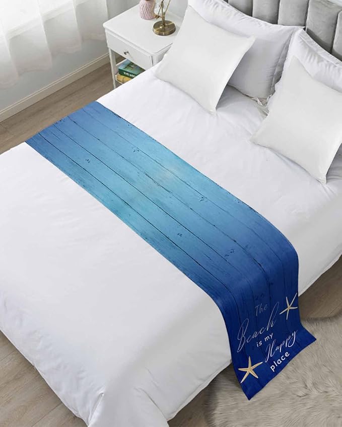 Happy Beach Place Marine Starfish Bed Runners for Bedroom Hotel,Decorative Bedding Scarf Gradient Blue Wood Grain Bed End Blanket Bedding Runner Scarves for Full Size Bed,83x20in