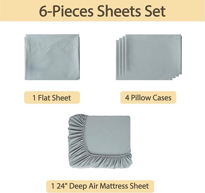 Air Mattress Sheet Set Queen Size,6 Piece Deep Pocket Bed Sheet Set for 16-24 Inch Air Bed,Easy Inflate Access,Perfect for Guest Room, RV, Camping,Gray