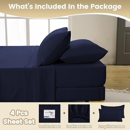 Full Size Sheet Set - 4 Piece Silky Soft Breathable Bed Sheet & Pillowcase Set, 16" Deep Pocket Hotel Luxury Wrinkle Free Easy Care Bedding Sheets, Dark Blue