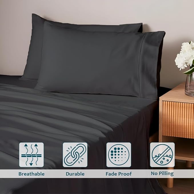 Full Size Bed Sheets Set - Luxury 338 Thread Count 100% Egyptian Cotton Sateen, Cooling Sheets, Deep Pockets with All Around Elastic for a, Hotel Quality Bedding Set (Dark Grey Solid)