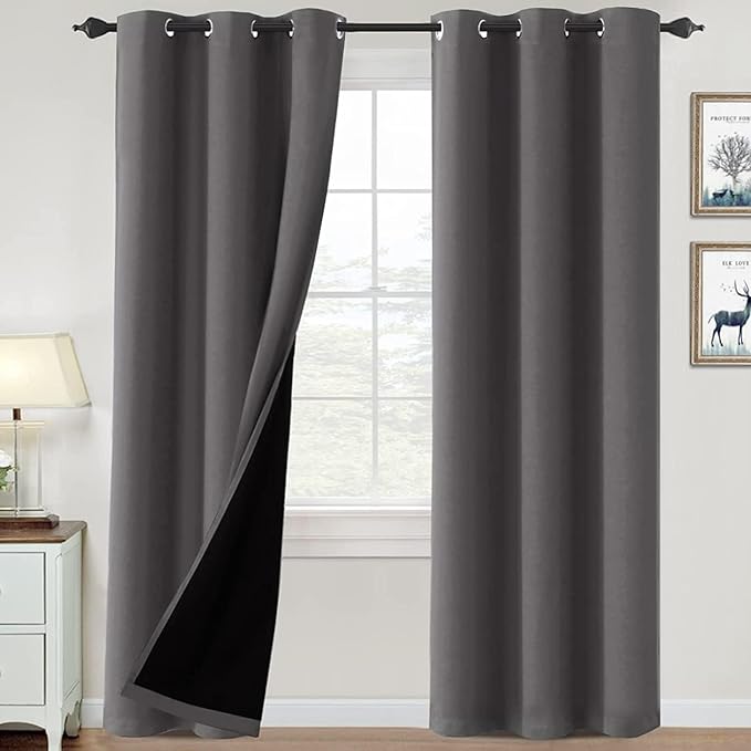 H.VERSAILTEX 100% Blackout Curtains for Bedroom Thermal Insulated Blackout Curtains 84 inch Length Heat and Full Light Blocking Curtains for Living Room with Black Liner 2 Panels Set, Grey