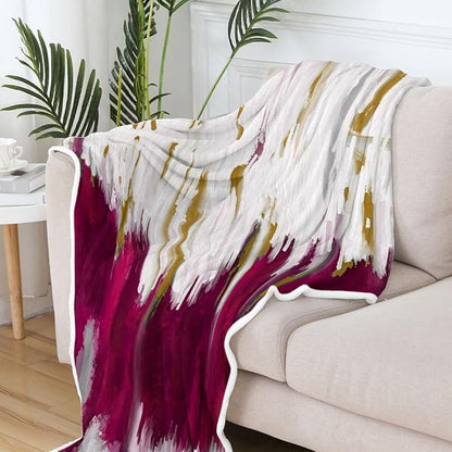 Abstract Ombre Throw Blankets, Modren Chic Art Oil Painting Cozy Warm Bed Couch Blanket, Hot Pink Gold White Fleece Flannel Throws to Decorate The Room and Bedroom