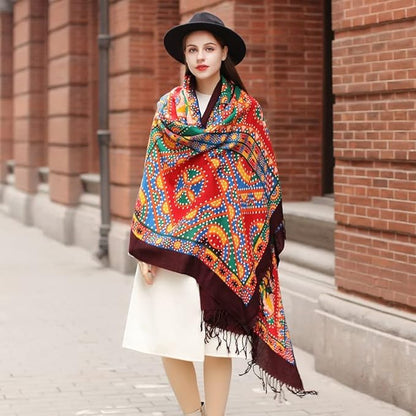DANA XU 100% Merino Wool Pashmina Shawl for Women 96"x43", Oversized Cashmere Wrap with Tassels, Floral Travel Blanket Cape