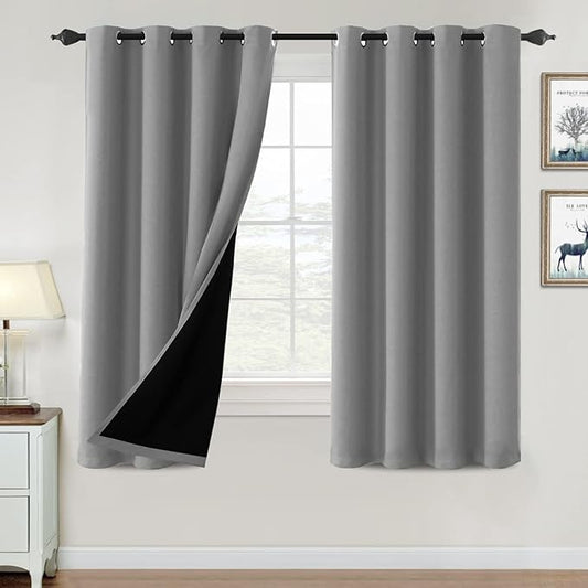 H.VERSAILTEX 100% Blackout Curtains for Bedroom Thermal Insulated Blackout Curtains 63 inch Length Heat and Full Light Blocking Curtains for Living Room with Black Liner 2 Panels Set, Dove Gray
