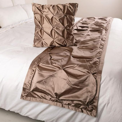 The HomeCentric Beige Bed Runner, Full Size 68"x18" Decorative Bed Runner with 2 Matching Pillow Cover, Beige Satin Bed Scarf in Pintucks - Satin Ballet Swirl