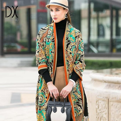 DANA XU 100% Merino Wool Extra Large Pashmina Blanket Travel Scarf Cashmere Wrap for Women Fall Winter Oversize Shawl Floral