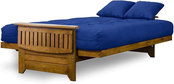 Nirvana Futons Brentwood Tray Arm Futon Sofabed Set - Queen Frame, 8" Royal Blue Mattress, Rich Heritage Finish