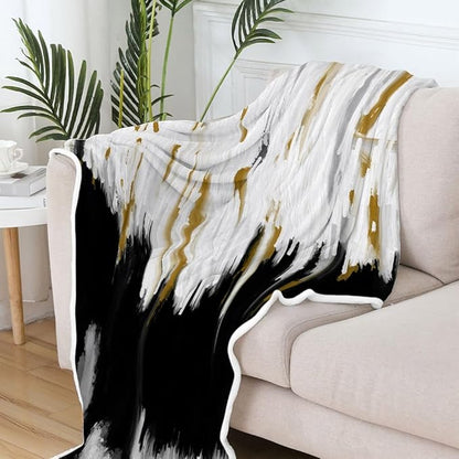 Abstract Ombre Throw Blankets, Modren Chic Art Oil Painting Cozy Warm Bed Couch Blanket, Black Gold White Fleece Flannel Throws to Decorate The Room and Bedroom