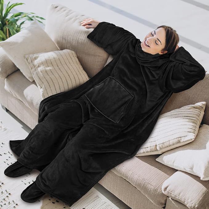 PAVILIA Fleece Blanket with Sleeves, Foot Pockets for Women Men Adults, Plush Wearable Blanket Throw Wrap, Warm Snuggle Blanket Robe, Cozy Gift Ideas Wife Mom, Black