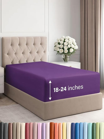 Extra Deep Twin XL Fitted Sheet - Hotel Luxury Single Fitted Sheet Only - Easily Fits 18 inch to 24 inch Mattress - Ultra Soft, Wrinkle & Fade Free w/Extra Deep Pockets - Breathable & Comfy - Purple