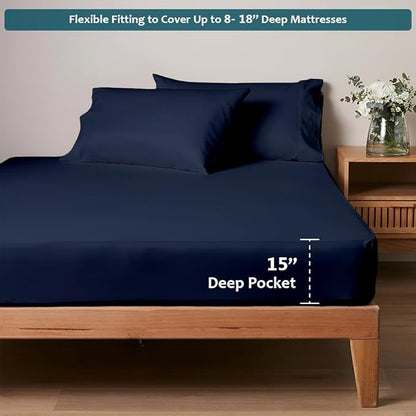 Twin Sheets Set - Luxury 338 Thread Count 100% Egyptian Cotton Sateen, Twin Sheet Set with All Around Elastic for a, Hotel Quality Bedding (Navy Blue Solid)