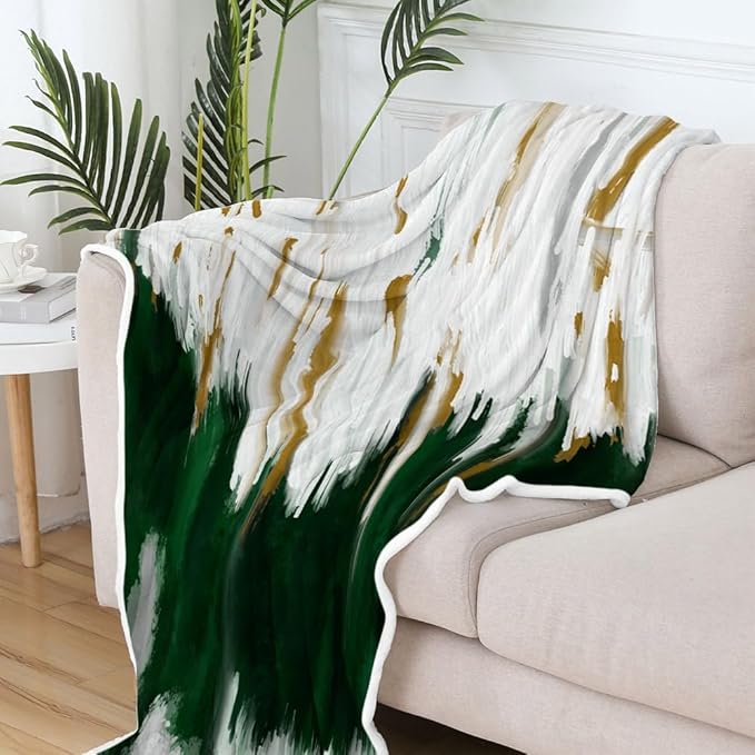Abstract Ombre Throw Blankets, Modren Chic Art Oil Painting Cozy Warm Bed Couch Blanket, Dark Green Gold White Fleece Flannel Throws to Decorate The Room and Bedroom