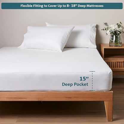 Full Size Bed Sheets Set - Luxury 338 Thread Count 100% Egyptian Cotton Sateen, Cooling Sheets, Deep Pockets with All Around Elastic for a, Hotel Quality Bedding Set (White Solid)