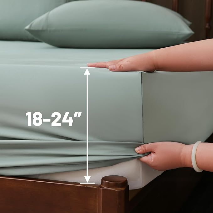 Extra Deep Pocket King Sheets 18-24 Inch 100% Egyptian Cotton 1000 Thread Count Sateen Weave Soft Breathable 4 Pieces（King，Sage Green）