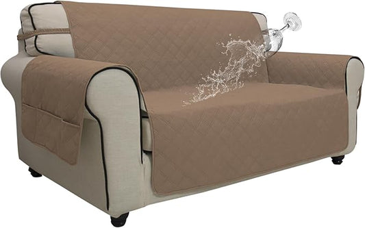 Easy-Going Waterproof Oversized Loveseat Covers Leakproof Couch Cover for 2 Cushion Couch Sofa Cover Washable Sofa Slipcover Non-Slip Furniture Protector with Pocket for Pets (Medium-XL, Camel)
