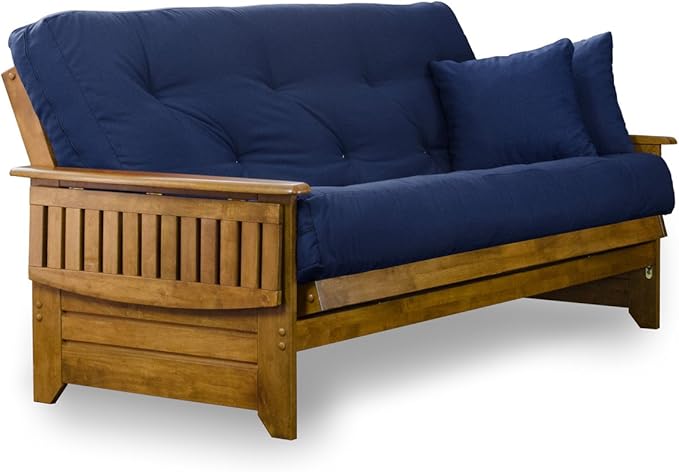 Nirvana Futons Brentwood Tray Arm Futon Sofabed Set - Full Frame, 8" Navy Blue Mattress, Rich Heritage Finish