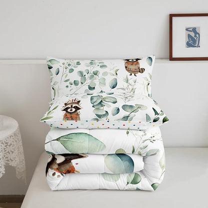 Erosebridal Cute Raccoon King Bedding Sets for Kids Child Green Eucalyptus Comforter Set, Woodland Animal Duvet Insert Botanical Plant Leaves Down Comforter, Cartoon Wildlife Bedding Comforter Sets