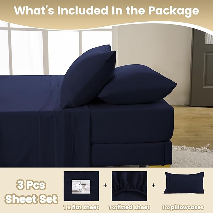 Twin Sheet Set - 3 Piece Super Soft Breathable Bed Sheet & Pillowcase Set, 16" Deep Pocket Hotel Luxury Wrinkle Free Easy Care Bedding Sheets, Dark Blue