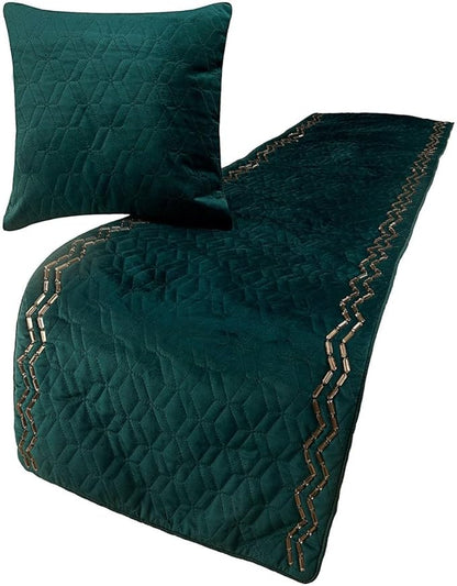 The HomeCentric King Queen Twin Teal Blue Handmade Full 68"x18" Bed Runner with 2 Pillow Cover, Quilted & Crystals Bed Scarf on Velvet Fabric - Teal Diamond Symphony