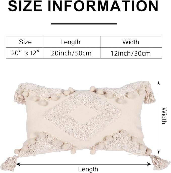 Boho Tufted Lumbar Throw Pillow Cover 12x 20 with Tassels, Pompom Diamond Farmhouse Neutral Pillow Cushion Cases, Decorative Pillows for Bed, Outdoor Couch Bedroom Car Cream