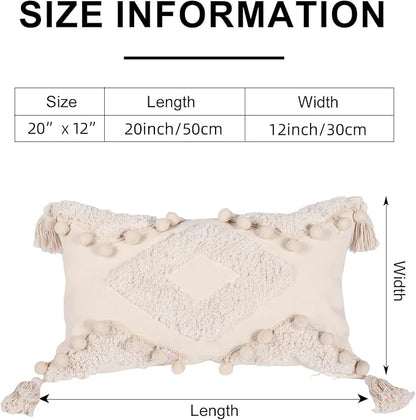 Boho Tufted Lumbar Throw Pillow Cover 12x 20 with Tassels, Pompom Diamond Farmhouse Neutral Pillow Cushion Cases, Decorative Pillows for Bed, Outdoor Couch Bedroom Car Cream