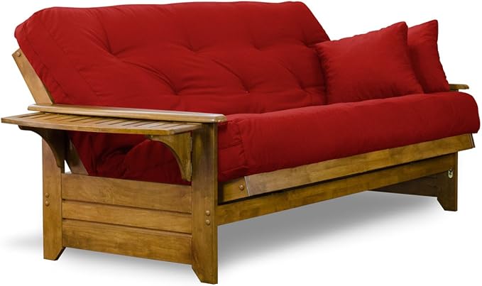 Nirvana Futons Brentwood Tray Arm Futon Sofabed Set - Full Frame, 8" Thick Red Mattress, Rich Heritage Finish
