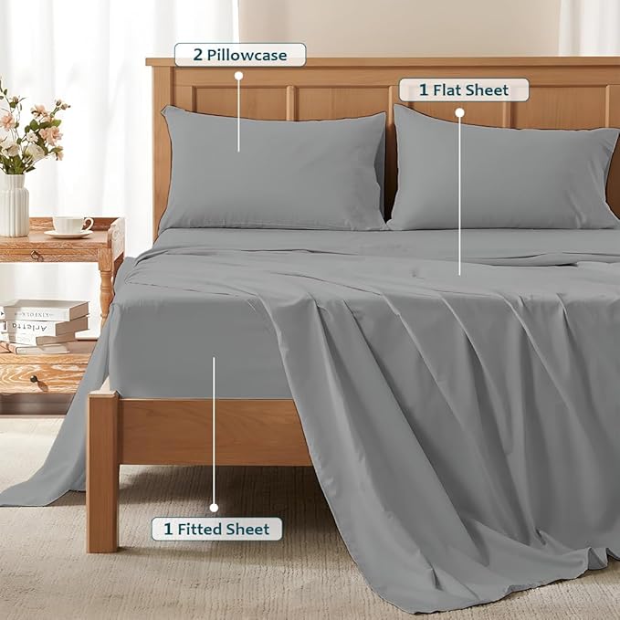 Full Size Bed Sheets Set - Luxury 338 Thread Count 100% Egyptian Cotton Sateen, Cooling Sheets, Deep Pockets with All Around Elastic for a, Hotel Quality Bedding Set (Light Grey Solid)