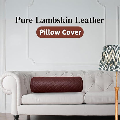 Neck Roll Pillow Cushion Cover, 24x5 Inch Full Moon Round Bolster Pillow Case, Cylinder Soft Lambskin Leather Pillowcase for Head, Spine & Neck Support During Sleep - Quilted Dark Brown Pack of 2
