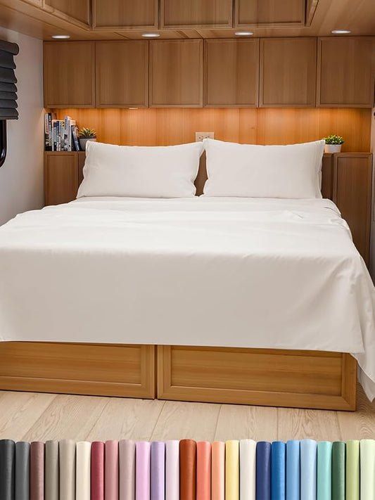 RV Short Queen Sheet Set 60 X 75 - 4 Piece RV Short Queen Bed Sheets - Soft, Breathable & Cooling - Designed for Bunks, Trailers & Campers - Fits 8” to 12" Mattress - Luxury Bedding - Antique White