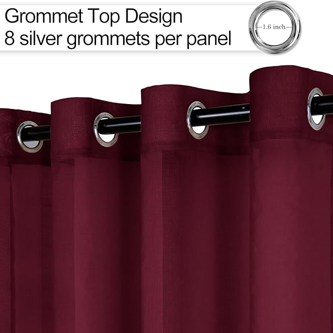XWZO Sheer Curtains 84 Inches Length 2 Panels Set, Solid Grommet Semi Transparent Window Curtains for Living Room/Bedroom, Home Decor with Tiebacks, Amaranth Red, 52 x 84 Inches Long