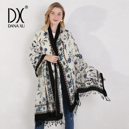 DANA XU 100% Merino Wool Pashmina Shawl for Women 96"x43", Oversized Cashmere Wrap with Tassels, Floral Travel Blanket Cape