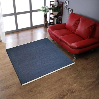 Rugsotic Carpets Hand Woven Flat Weave Kilim Wool ECO-Friendly Area Rugs - 10'x10', Square Shape, Blue Color, Solid Plain Design, Low Pile Handmade Area Rugs for Living Room, Bed Room (D00111)