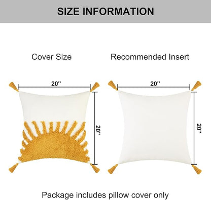Adabana Boho Throw Pillow Covers 20x20, Decorative Tufted Pillows Cover for Couch Bed, Sun Sunshine Pillow Cover for Kids
