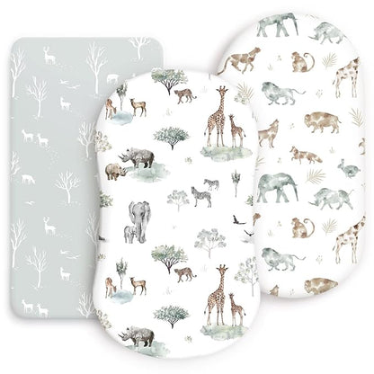 Ultra Soft Fitted Bassinet Sheets 3 Pack, Universal Fitted for.Baby Cradle Moses Basket Oval Rectangle Mattress Safe and Snug, Stylish Bassinet Mattress Sheets for Baby, Cute Animals Print
