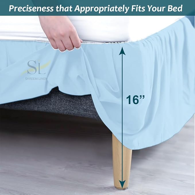 Shreem Linen Ruffled Bed Skirt with Split Corners, Gathered Style, 100% Microfiber, 16-Inch Drop, Dust Ruffle Bedskirt with Platform, Twin-XL, Light Blue