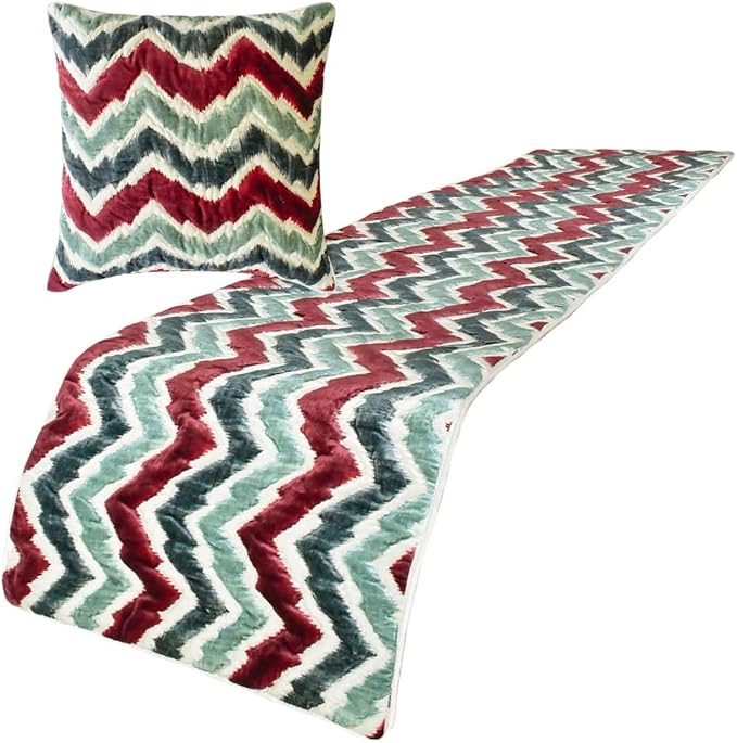 The HomeCentric King/Queen/Twin Red & Blue Luxury Queen 74"x18" Bed Runner with One Pillow Cover, Chevron & Quilted Bed Scarf on Suede Fabric - Chevron Symphony