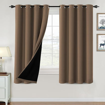 H.VERSAILTEX 100% Blackout Curtains for Bedroom Thermal Insulated Blackout Curtains 63 inch Length Heat and Full Light Blocking Curtains for Living Room with Black Liner 2 Panels Set, Macchiato