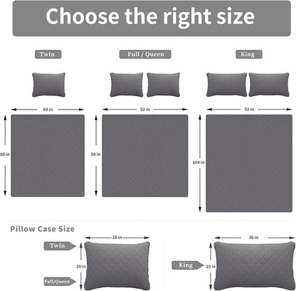 Easy-Going King Size Reversible Quilt Set with 1 Quilt and 2 Pillow Shams, Soft Bed Quilt Cover, Water Resistant Lightweight Microfiber Bedspread, Stain Resistant, Gray/Light Gray