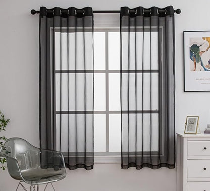 PI Sheer Curtains with Ring Top 72 Inches, Black Voile Textured Window Curtain for Apartment 1 Pair 2 Panels (W52 X L72, Black)
