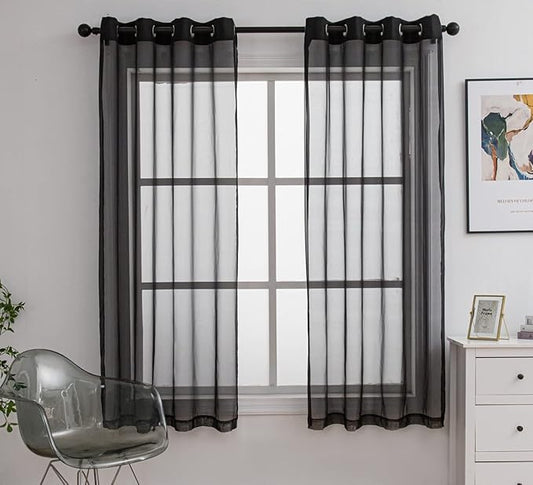 PI Sheer Curtains with Ring Top 72 Inches, Black Voile Textured Window Curtain for Apartment 1 Pair 2 Panels (W52 X L72, Black)